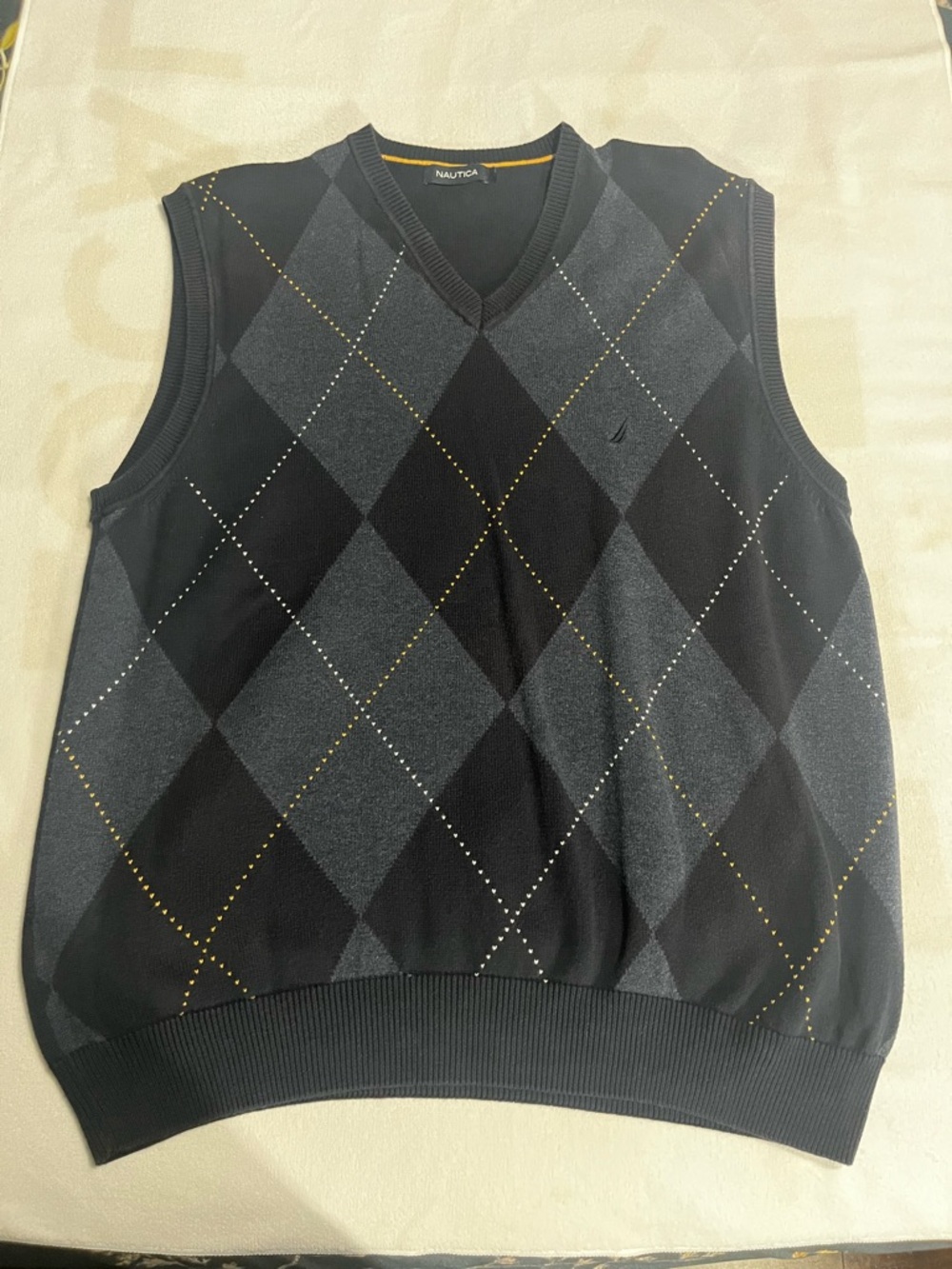 Nautica Blue and Gray Argyle V-Neck Sweater Vest with Yellow and White Stitching
